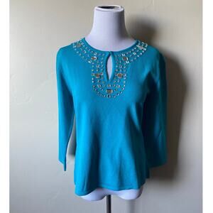 I.N. Studio Blue Bejeweled Beaded 3/4 Sleeved Knitted Blouse- Size Large
